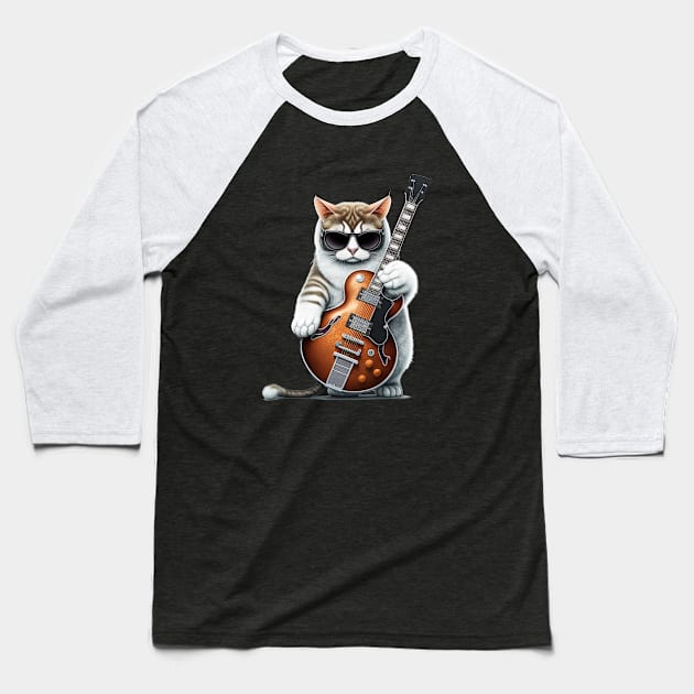 Cat Playing Guitar Baseball T-Shirt by Odd World